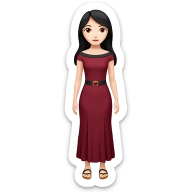 Chica blanca ,ojos marrones, vestido granate ajustado largo, escote barco cuerpo entero ,pelo negro y largo sandalias sticker