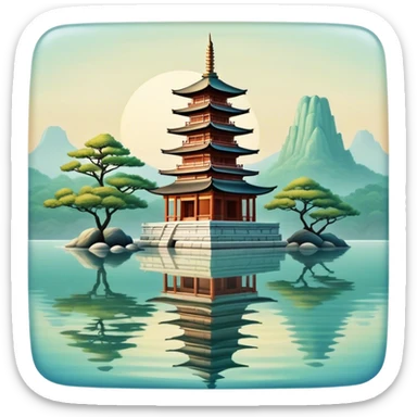 Cinematic Realistic Tran Quoc Pagoda Landmark Emoji, depicted with an ancient pagoda set on tranquil waters rendered with delicate textures and serene, reflective lighting. sticker