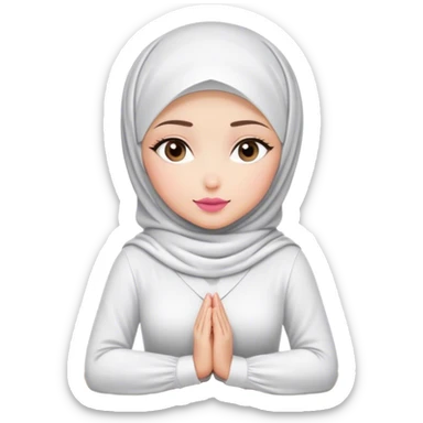 white hijab women are listening with her hands folded cross-over on the table. Her outfit is white. Her lips color is pink. sticker