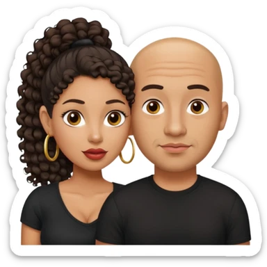 A picture of a tanned couple. the man is a Mexican man with tanned skin, a bald hair cut, short shaved beard and wearing a black shirt. the woman is mixed, with curly medium length hair in a pony tail, with big boobs and lips  sticker
