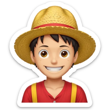 Luffy with a big smile and red shirt with yellow and red straw hat sticker