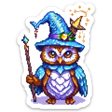 pixel art wizard owl wearing a pointed hat holding a wand magical sparkles retro game style sticker