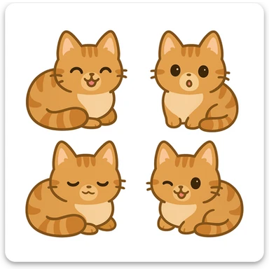 Create four versions of the orange cute cat in the reference image, each with a different expressive emotion: happy, surprised, sleepy, and playful. Keep the same style and pose, only change the facial expressions to reflect these emotions. sticker
