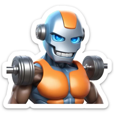 A Disney Pixar-style 3D render of a bodybuilder robot's face with blue eyes in a gym. show only the face. The robot is wearing an orange tank top, holding a dumbbell, and has a confident, friendly expression sticker