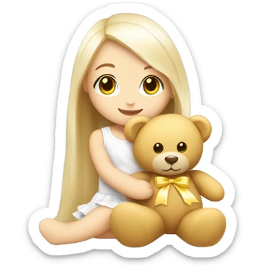 cute white doll with yellow bow, long straight hair, hugging a Teddy bear sticker