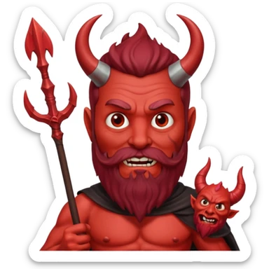 satan emoji holding a trident. make him red and scary. make him older with a beard sticker