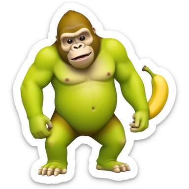 A cartoon character with a curved yellow banana for a body and a lime green gorilla face with gorilla features sticker