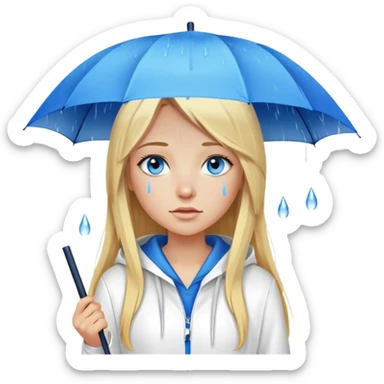 Cinematic realistic emojis in the form of a blonde girl with long hair, blue eyes and a straight nose, wearing a white hoodie, holding an umbrella above her, on which rain is dripping sticker