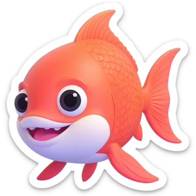 cute pink fish emoji with a big smiling face, huge shiny eyes, rosy cheeks, tiny fins, soft pastel colors, underwater background with bubbles and coral, 3D glossy style, chibi emoji look, super kawaii sticker