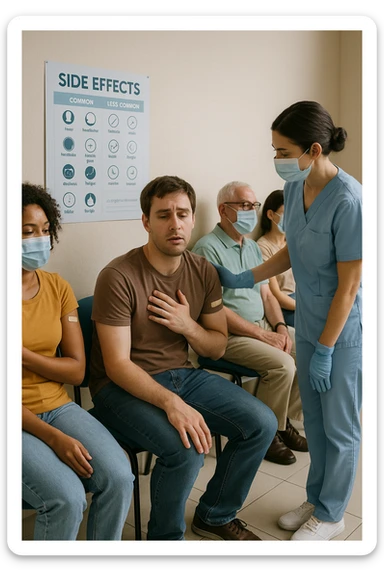 a group of people in a waiting area after vaccination, with one person looking slightly uncomfortable or dizzy. A nurse is nearby, ready to assist, and informational materials about possible side effects are visible on the wall. The mood is calm and responsible, emphasizing monitoring and care. in italiano sticker