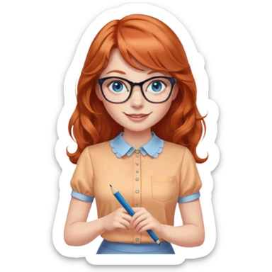redheaded woman with long wavy hair and bangs, blue eyes, clear cat-eye glasses, short-sleeve apricot blouse, pencil skirt, holding a pencil, smiling sticker