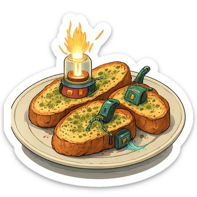 a plate of thermonuclear futuristic cyberpunk garlic bread, flawless, perfect, masterwork. highly dangerous sticker