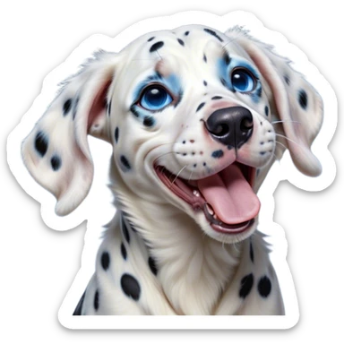 Cinematic Cute Yawning Spotted Dalmatian Portrait Emoji, Head tilted slightly with a dramatic, wide-open yawn, showcasing a smooth Fur of predominantly white with bold black patches, floppy ears slightly drooping, round blue eyes barely open in drowsy contentment, Simplified yet irresistibly adorable features, highly detailed, glowing with a soft, cozy glow, high shine, relaxed yet expressive, stylized with a touch of whimsy, bright and endearing, soft glowing outline, capturing the essence of a sleepy yet affectionate guardian, so drowsy it feels like it could stretch out of the screen and curl up for a nap! sticker