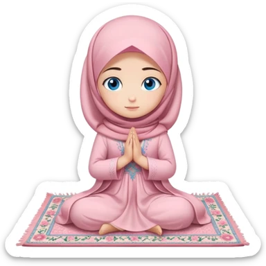 Turkish beautiful finish Konya girl blue eyes with powder pink color flower hijab long tail dress and sits on the pray mat namaz on the ground with dua  sticker