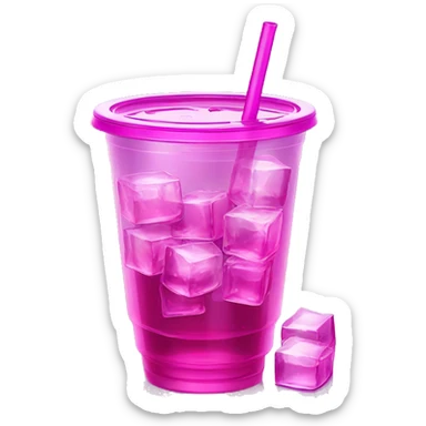 Realistic see through plastic cup and lid with half full Transluscent magenta soda,straw and large ice cubes inside. sticker