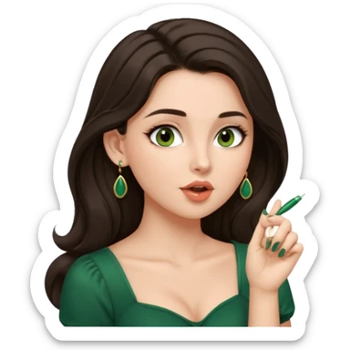 pretty bratz genmoji that looks like tamannah bhatia (bollywood actress), wearing a dark green sweetheart neckline top, dark brown hair, light makeup, no necklace, dangly earrings, SIDE hair part, fair. dark brown eyes, long hair

Show her licking her finger  sticker