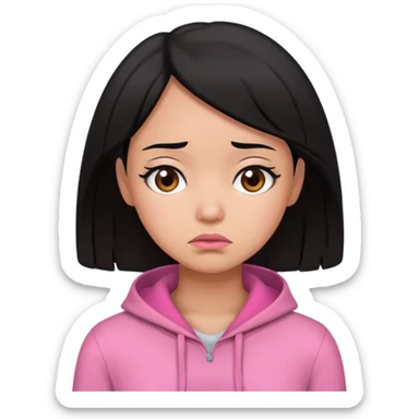 black hair woman with pink outfit and sad face sticker