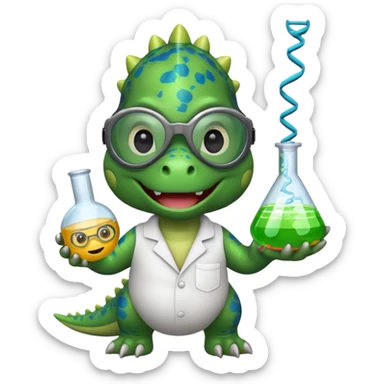 cheerful dino wearing safety goggles, holding a DNA strand and a flask, emoji style sticker
