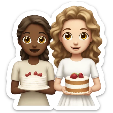Girl with wavy hair and girl with brown straight hair together holding big white cake sticker