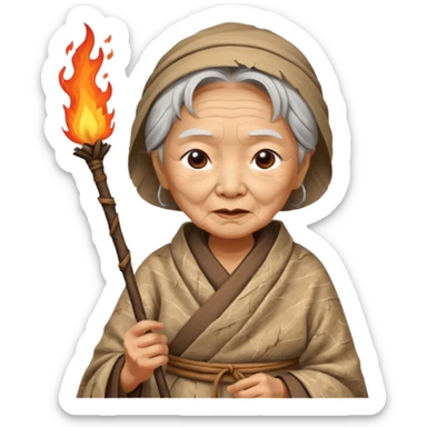 ancient asian old woman, tattered leaf cloth, hold fire stick sticker