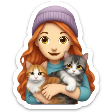 Long Red haired white woman in beanie with holding a long haired tabby cat sticker