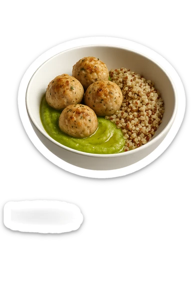 bowl bianca fluttua in aria con polpette di tacchino, purè di zucchine, quinoa e olio di oliva, iperrealistico 4k sticker
