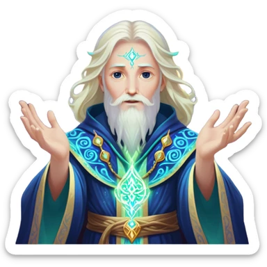 A luminescent enchanted Wizard, his ethereal presence shimmering with otherworldly energy, each detail radiating with mystical power and ancient wisdom. The painting, a masterpiece of acrylic art, captures the Wizards hauntingly beautiful visage in exquisite detail. Swirls of cosmic colors dance around him, evoking a sense of celestial wonder, while intricate patterns of glowing runes adorn his intricate robe. The image is vivid and captivating, drawing viewers into a mesmerizing realm of fantasy and magic. sticker