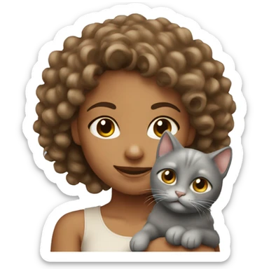Tanned curly girl holding a grey puffy cat sticker