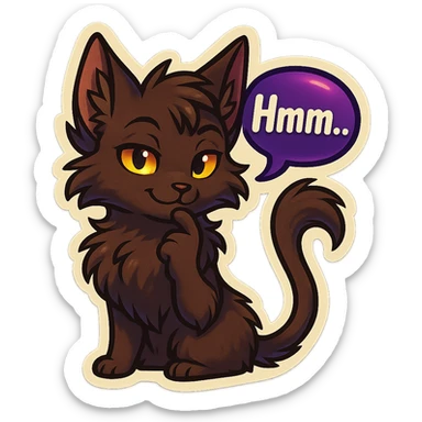a dark-brown fluffy cute kawaii anthropomorphic furry anime cat-furry with tufted ears, golden eyes, and a long thin tufted tail, thinking, smirking thoughtfully, saying “Hmm..” with a purple speech bubble, (cartoon style) (cute anime style) (furry style) (deviantArt style) (artist style: Kamirah) sticker