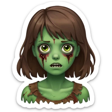 Uma menina zombie com um cabelo ondulado médio, com a franja pro lado direito, o cabelo com cor castanho com a cor de pele verde  sticker