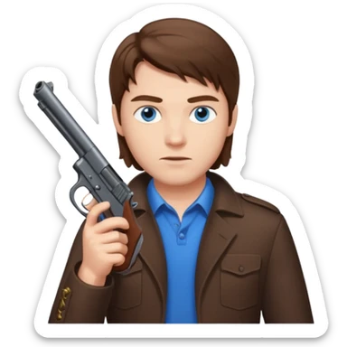 guy w medium long brown hair and blue eyes shooting himself sticker