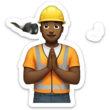 construction worker with hands in prayer standing in front of a DUMP TRUCK sticker