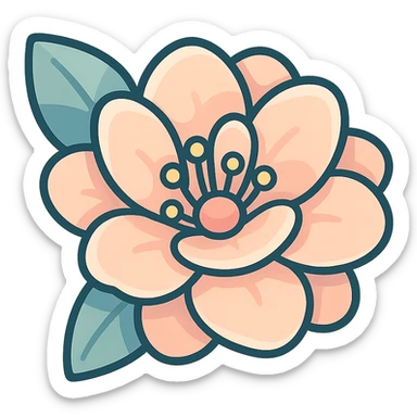 peach flower with multiple layers of petals, icon-color-outlined style, volumetric, detailed shadows and highlights, smooth color transitions, thin clean contours, soft rounded shapes, pastel palette #98B5BC, #B5B3C1, #C9A3C9, #E4C0CA, #F7DCD1, #F7C0AA, modern Japanese pop art and sticker aesthetics, soft lighting, transparent background sticker