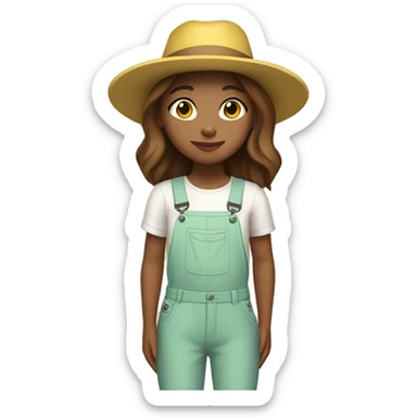 white skin, Girl with a flower in her hand, with a hat, shoulder-length brown straight hair, wearing a yellow pastel jumpsuit with white shirt in it sticker