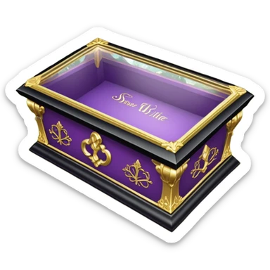 Snow White's coffin in the image is a highly symbolic piece, embodying both solemnity and fairytale charm. It is designed with a transparent glass lid, allowing a clear view of Snow White lying inside in her pure and untouched beauty. The frame around the lid and the base of the coffin is made of gold-colored metal, intricately carved in a Gothic style. Along the side of the coffin, the name “SNOW WHITE” is prominently displayed in ornate, medieval-style lettering, serving as an eternal tribute to the legendary character. The coffin is placed in a quiet forest clearing, resting on a bed of green grass and surrounded by clusters of colorful flowers—purple, pink, and white—which add a sacred and emotional atmosphere. The dwarfs stand nearby in silence, keeping watch and heightening the sense of reverence and sorrow. The entire design of the coffin harmoniously blends medieval artistry with mythical elements, honoring Snow White’s beauty while creating a legendary, fairytale-like setting. sticker