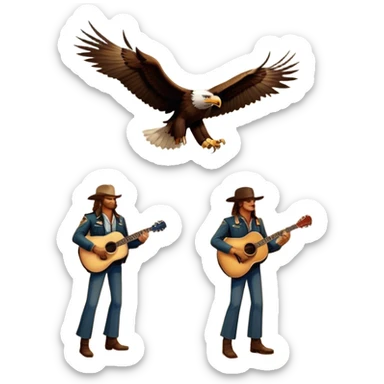 Icon for Country Music: Eagles band representation with classic acoustic guitars, a desert road, and an eagle soaring in the sky. Subtle vintage Americana aesthetics with warm tones, evoking the band's signature sound. Transparent background. sticker