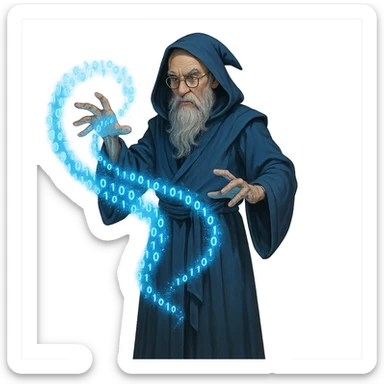 master in AI, alchemist wizard, manipulating blue energy in the form of binary code, long robe, round glasses, transparent background sticker
