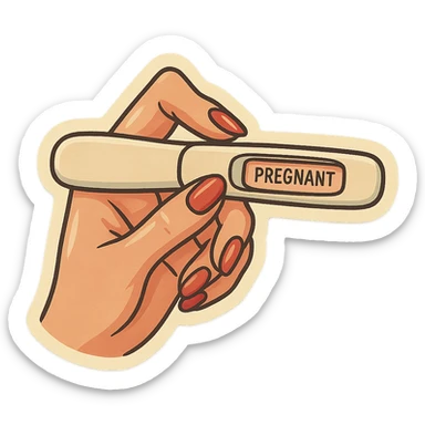 A pregnancy test held in a neat feminine hand with manicure, in retro stickers style, featuring soft rounded shapes, expressive contours, vintage color palette, light paper texture, shadows and highlights, transparent background. sticker