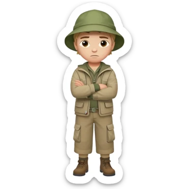 A boy with crossed arms, looking annoyed, dressed in fishing clothes full body sticker