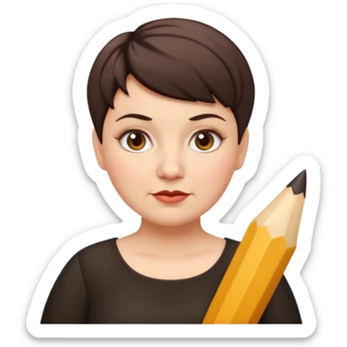classic teacher emoji but fatter and with a black pixie cut, make her white and the pixy cut is pointy and dark brown and she is very fat sticker