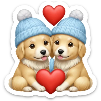 2 English cream golden retrievers cuddling with winter hats and heart in between them. Make them pale dogs . Less cartoon and no hands holding heart just a heart in between . Make them more pale and realistic looking like glossy  sticker