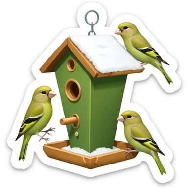 3 Green finch feeding on a bird feeder in the snow sticker