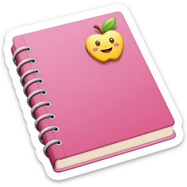 libreta de anillos rosada en perspectiva isometrica con sticker de carita feliz amarilla, sin rubor rosa, con aspecto de emoji de apple sticker