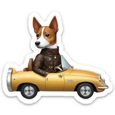 a basenji in a louis vuitton jacket riding in a sports car. sticker