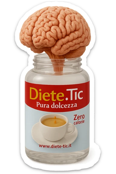 boccetta di dolcificante aperta da cui dentro esce un cervello anatomico umano, iperrealistico 4k sticker