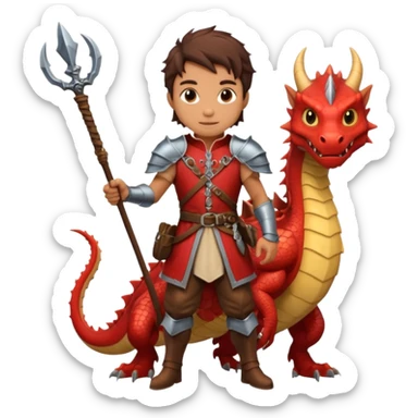 a dragon tamer with a whip in his hand in medieval time with a dragon next to him sticker