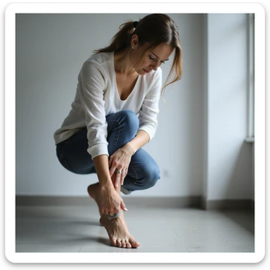 woman standing touching knee and foot, expression of pain, visible orthotic insole, realistic style, medical environment sticker