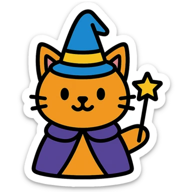 cat magician with a wizard hat and wand, colorful icon sticker