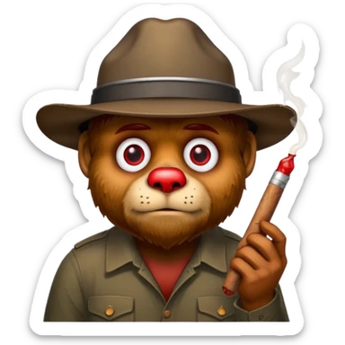 Smokey the bear with blooshot eyes holding a joint sticker