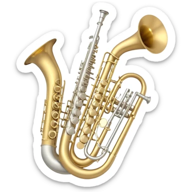 Create a professional, harmonious emoji collage symbolizing wind instruments.  The instruments should be in metallic gold, silver, and brass tones, with subtle reflections to convey a professional and polished appearance. Add soft musical notes or soundwaves to surround the instruments, creating a sense of movement and sound. The background should be transparent, ensuring all instruments are the focus and the composition remains harmonious and balanced. sticker